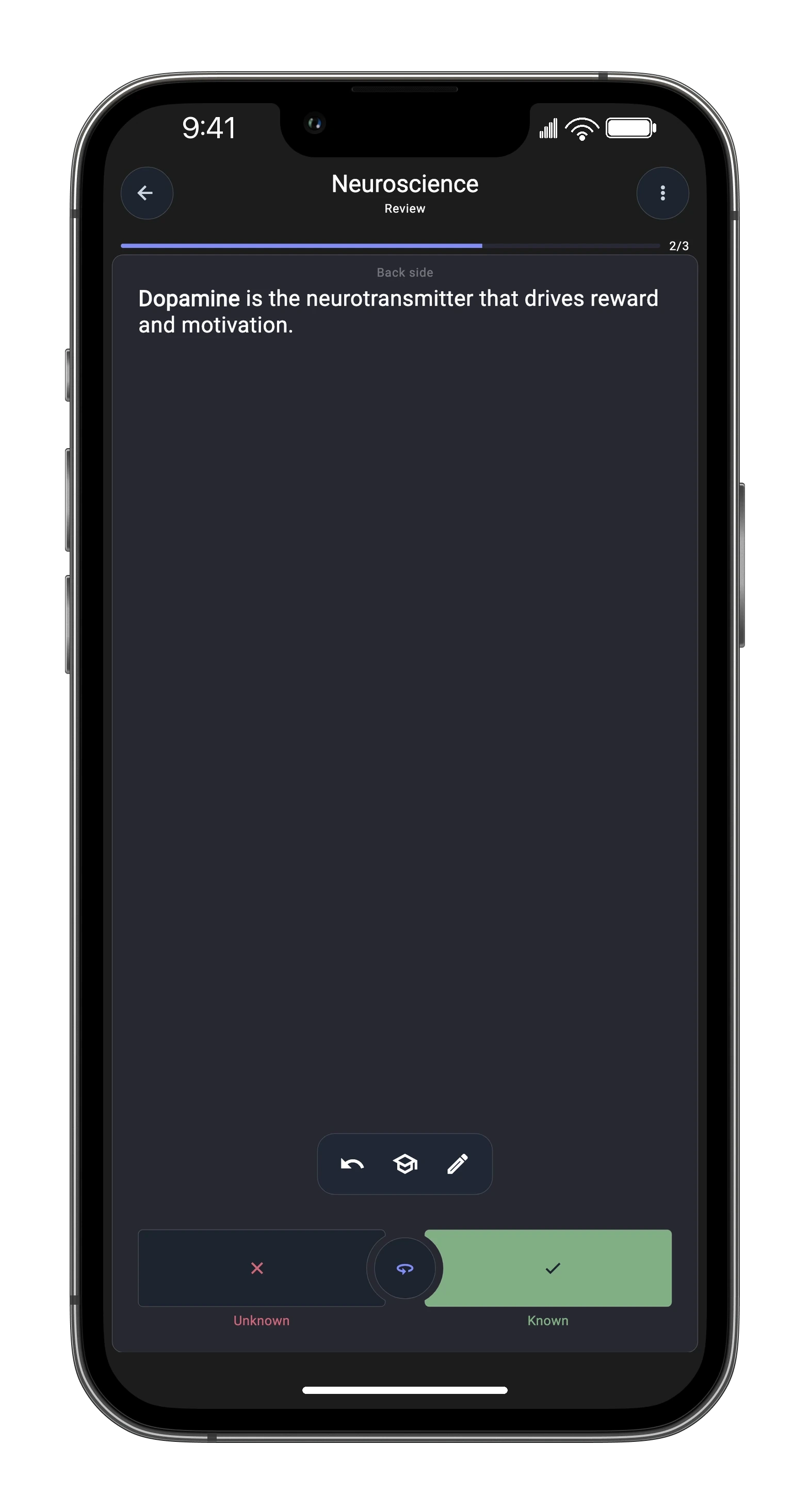 Space review screen: Neuroscience deck at card 2 of 3, back side revealed with "Dopamine is the neurotransmitter that drives reward and motivation", floating Undo/AI Tutor/Edit toolbar, Known button emphasized next to Unknown and Flip.