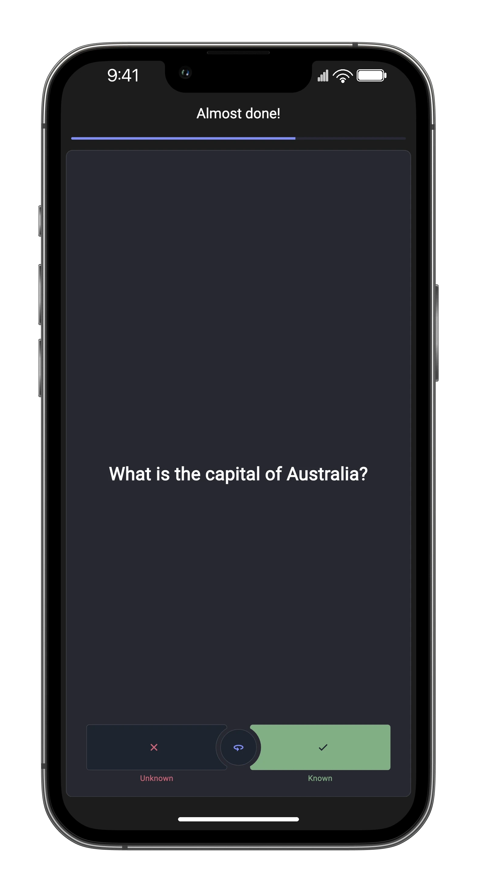 Space flashcard showing the question "What is the capital of Australia?" with Known and Unknown buttons, answer hidden