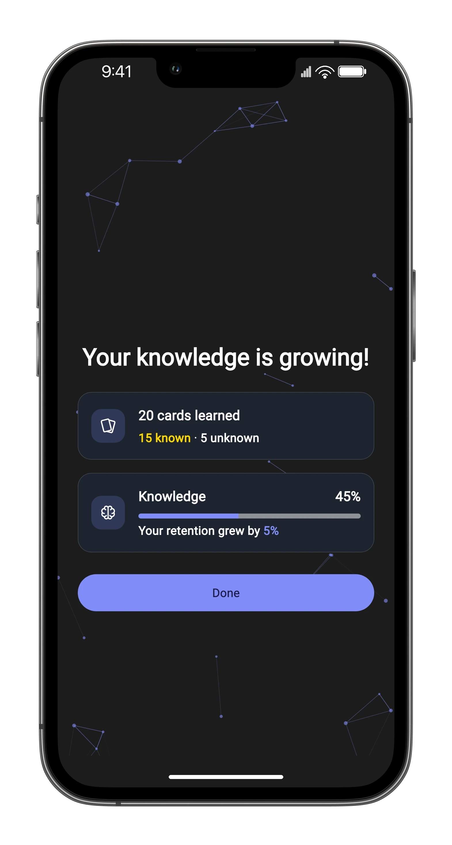 Space session summary: Your knowledge is growing — 20 cards learned, 45% mastered, retention grew by 5%.